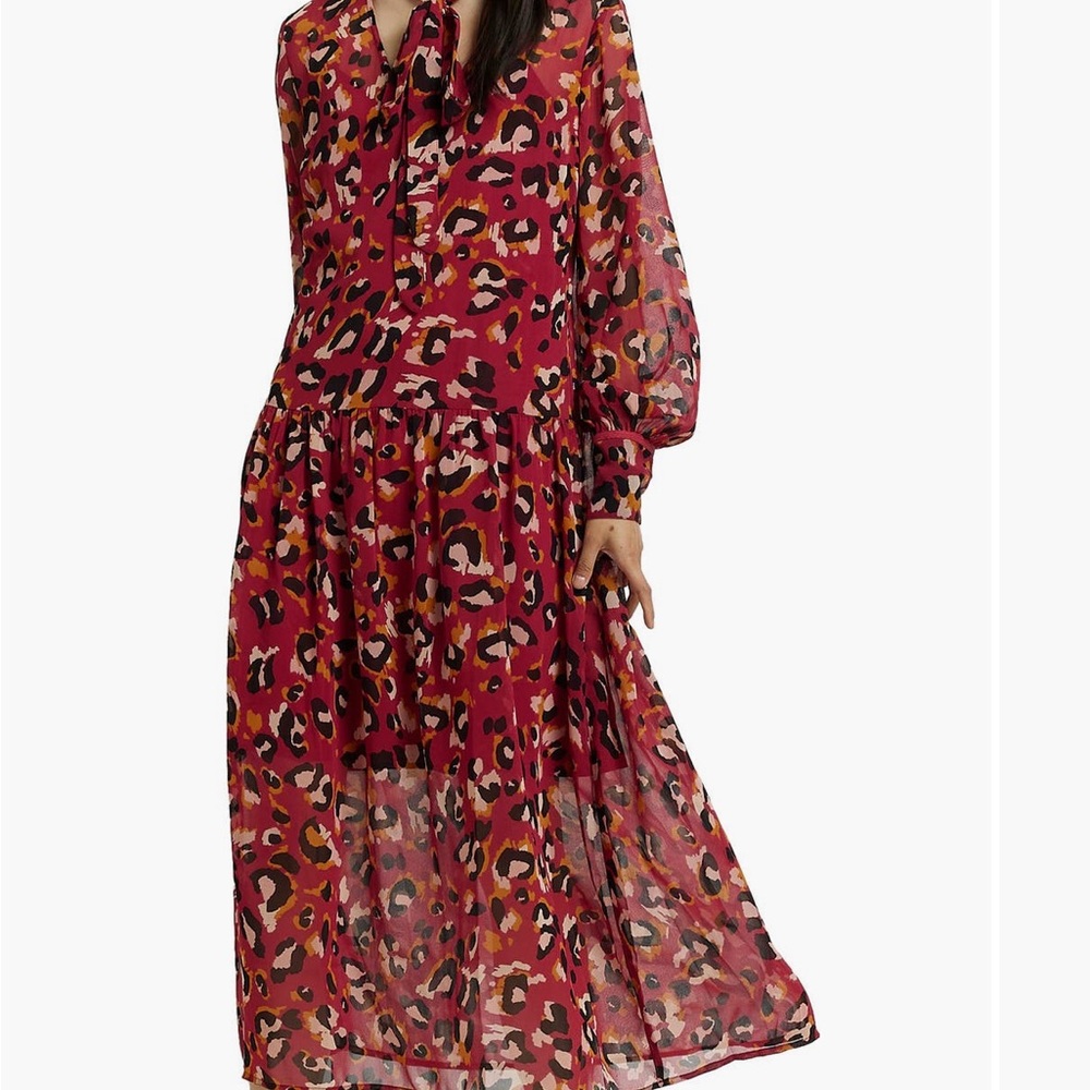 River Island Pink Leopard Print Long Sleeve Tie-Neck Midi Dress